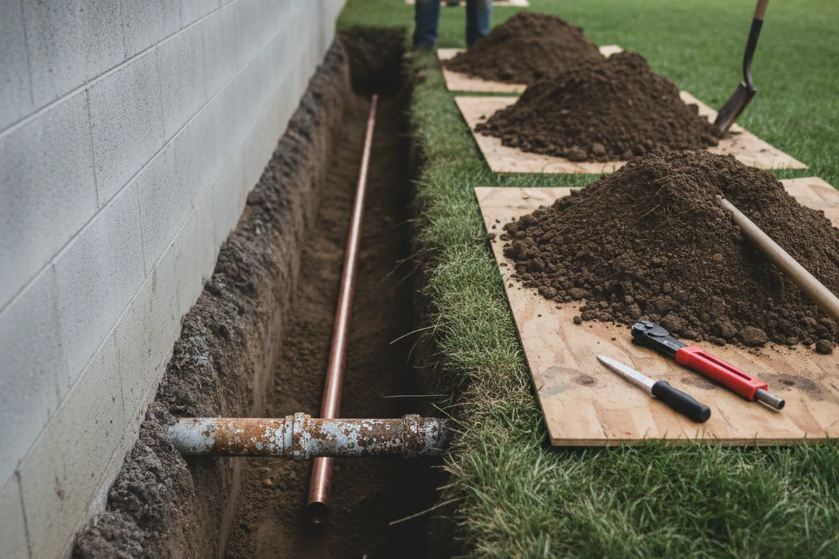 Excavated water line trench during Water Softener Installation in Timber